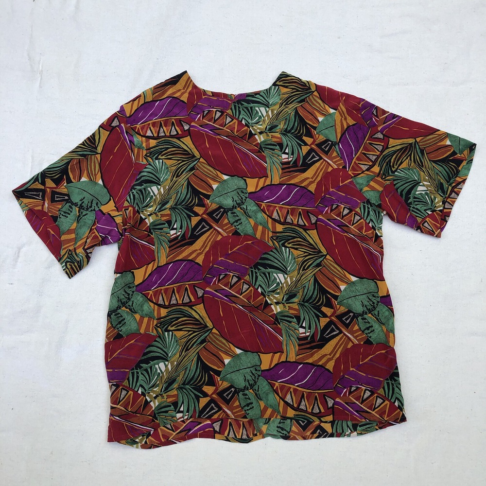 Pat Argenti Women's Blouse Size 10 Silk Multicolor Tropical Print Short Sleeve